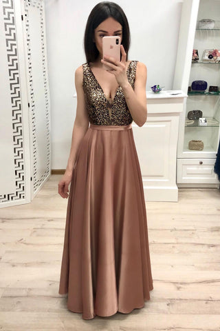 Sexy A Line Long V Neck Prom Dress With Beads OKK57