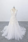 Deep V Plunge Beach Wedding Dress Tulle Skirt Lace Wedding Dress With V Back OKU70