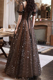 Black And Brown A-line Prom Dress. Short Sleeves Evening Dress Sequin Princess Dress OKW8