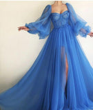 Long Lantern Sleeve Tulle A-line Sky Blue Prom Dress With Slit OKV82