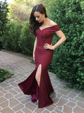 Mermaid Off-the-Shoulder Burgundy Formal Prom Dress with Slit OKI93