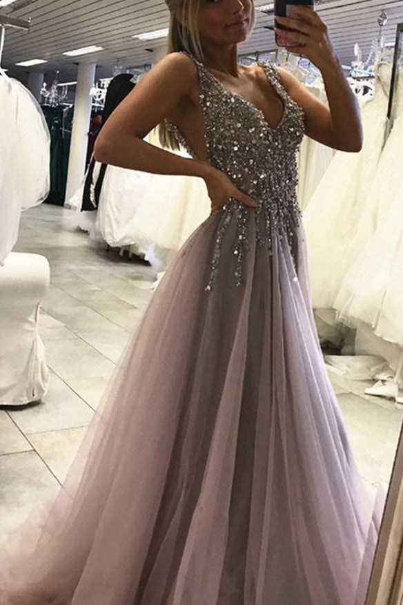 A Line V Neck Gray Lace Long Prom Dresses With Slit, Gray, 50% OFF