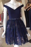 2018 Homecoming Dresses,A line Homecoming Dress,Lace Prom Dresses,Princess Prom Dress,Short Prom Dress,Off Shoulder Prom Dress,Navy Blue Prom Dresses,New Homecoming Dresses