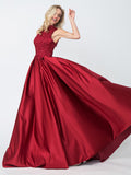 Chic A-line Red High Neck Applique Satin Long Prom Dress Evening Dress OKA67