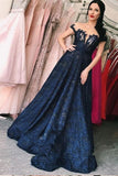 Lace A Line Dark Blue Long Prom Dresses,V Neck Evening Dresses OKE55