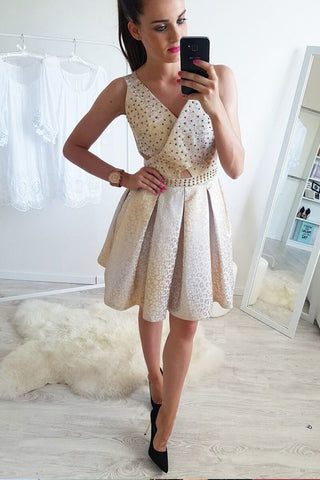 A-Line V-Neck Mini Cheap Homecoming Dresses with Beading,Sweet 16 Dresses OKB83