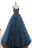 Ball Gown Blue Tulle Spaghetti Straps Prom Dress Evening Dress With Beading OKU4