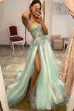 Mint Green Tulle Lace Appliques Long Prom Dress A Line Formal Evening Dress OK1395