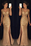 Luxurious Mermaid V neck Sequin Gold Long Prom Dresses OKD70