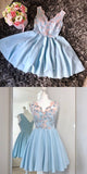 Cute V-Neck A-Line Light Blue Short Homecoming Dress with Appliques OKD44