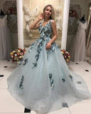 A Line V Neck Long Prom Gowns With Appliques Formal Evening Dress OKL31