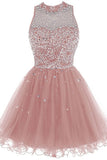 Pink A-line Short Tulle Beading Homecoming Dress OKZ16