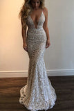 Mermaid new Spaghetti Straps Prom Dress,Beading Lace V-neck Prom Dresses Sexy Wedding Dress OK171