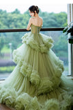 Princess Spaghetti Straps Green Tulle Long Prom Dress A line Tiered Formal Evening Dress OK1667