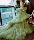 Princess Spaghetti Straps Green Tulle Long Prom Dress A line Tiered Formal Evening Dress OK1667