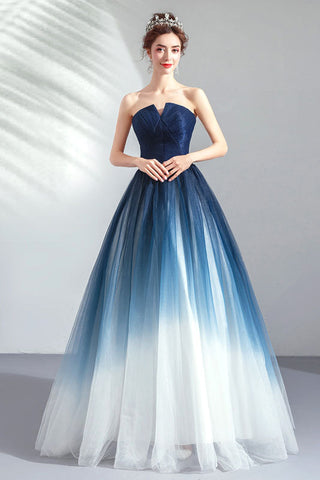 Long Sleeves Blue Ombre Beaded Prom Dresses, Long Sleeves Blue Ombre F