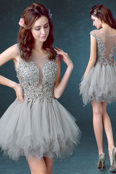 Tulle Scoop Unique Junior Homecoming Dress with appliques