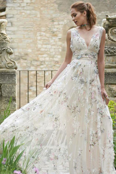 Deep V-neck 3D Leaf Lace Country Wedding Dresses with Slit VW1870 - Ivory /  Custom Size