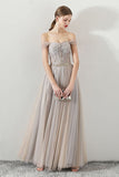 A Line Tulle Long Straps Lace Up Back Beading Prom Dress Evening Dress OKG73