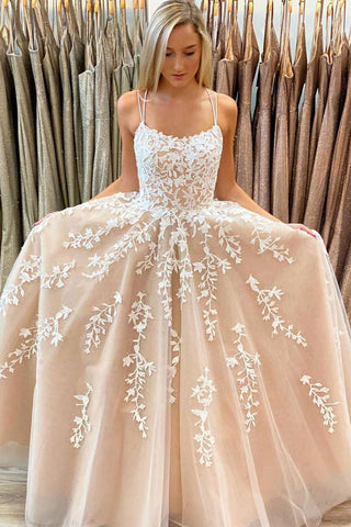 Elegant Spaghetti Straps A Line Tulle Long Lace Appliques Prom Dress OKZ22