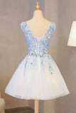 Cute V Neck Lace Applique Short Prom Dress A-line Tulle Homecoming Dress OKY21