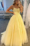 Yellow Lace Appliques Aline Tulle Long Prom Dress Formal Evening Dress OK1416