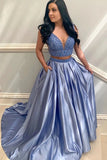 Two Piece V Neck Blue Satin Beaded Prom Dress Evening Dress With Pockets OKU10