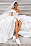 Elegant Off Shoulder White Ball Gown Simple Wedding Dress Satin Bridal Gown OKQ20