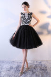 Black Tulle A Line Beaded Short Lovely Homecoming Dress With Lace Top OKC7