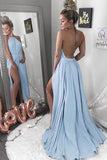  Halter Prom Dress,Blue Prom Dresses,Backless Prom Dress,Sexy Evening Dress with Split,Chiffon Prom Dresses