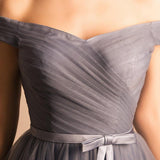 Grey A-line Princess Short Off the shoulder Pleated Homecoming Dresses OKA59