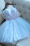 A Line Sweetheart Short Blue Tulle Homecoming Dress with Appliques OKD12