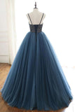 Ball Gown Blue Tulle Spaghetti Straps Prom Dress Evening Dress With Beading OKU4