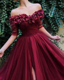 Burgundy Off the Shoulder Maroon A Line Long Tulle Prom Dress New OKG91