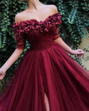 Chic Burgundy Off the Shoulder Maroon A Line Long Tulle Pom Dresses New OKG91