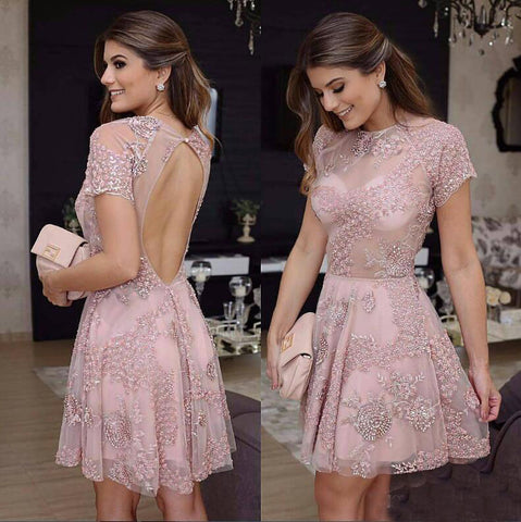 Short Lace Pink Beads A-Line Knee Length Backless Homecoming Dress OKC12