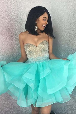 Cute Sparkly Sweetheart Mint Green A Line Short Homecoming Dresses OKB50