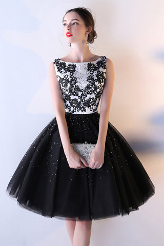 Black Tulle A Line Beading Short Bateau Homecoming Dresses With Lace Top OKC7