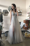 A-Line V Neck Long Grey Tulle Split Prom Party Dresses with Sequins OKF70