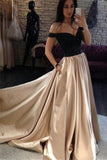 Off Shoulder A-line Satin Black Top Long Cheap Prom Dress OKG38